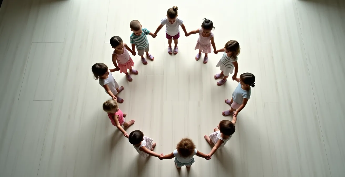 Kindergruppe bildet gemeinsam einen Kreis und hält sich an den Händen