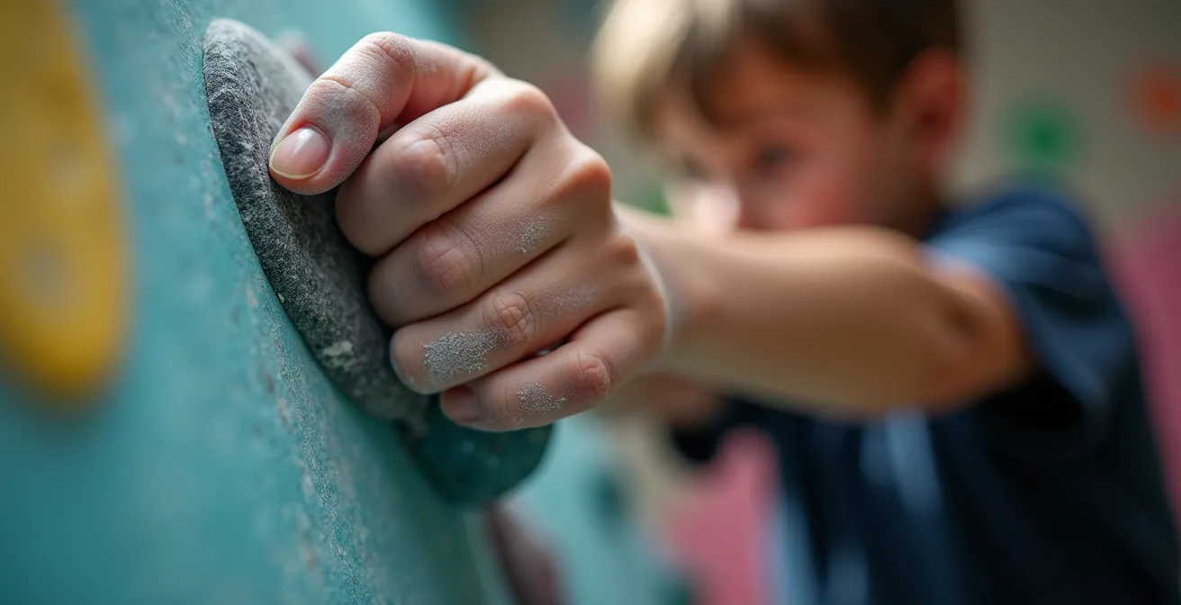 Makroaufnahme von Kinderhänden beim Klettern